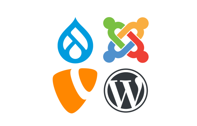 Logos de Drupal, Joomla, Typo3 et WordPress